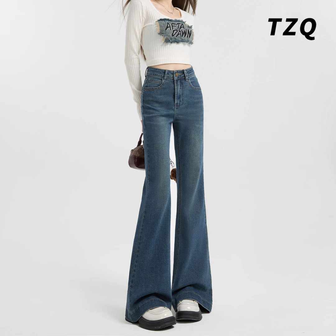 复古蓝加绒微喇牛仔裤女春秋2025修身小个子马蹄喇叭裤TZQ120415