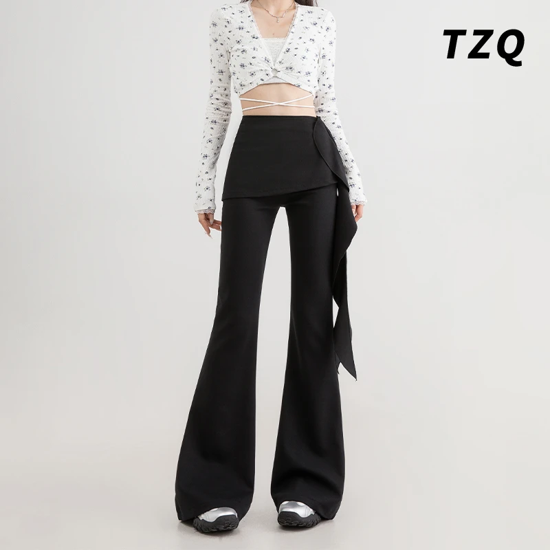 黑色微喇叭休闲裤女2024秋冬紧身弹力百搭高腰荷叶边裤TZQ100217