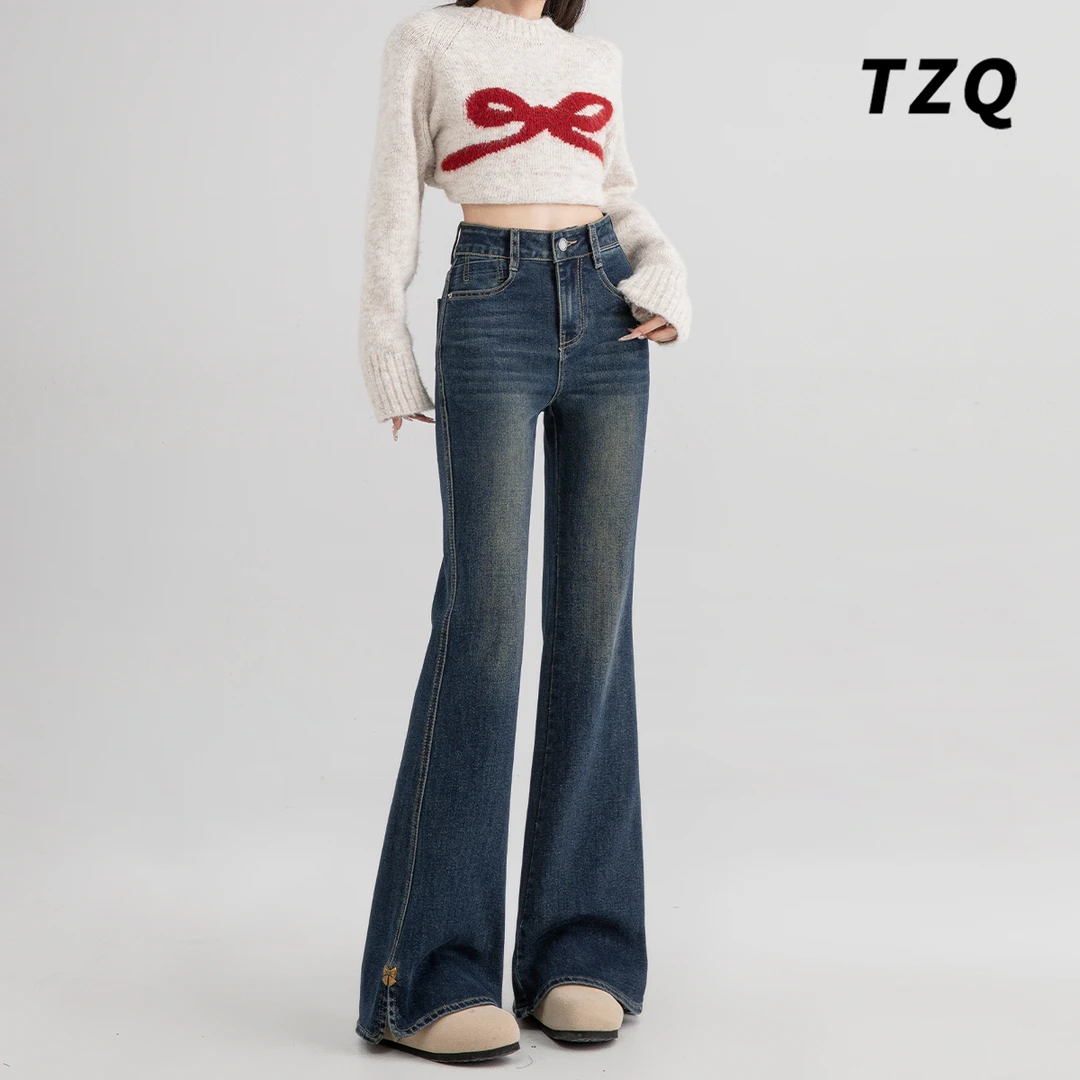 复古蓝微喇牛仔裤女爆款2025秋季新款秋季加绒修身显瘦蝴蝶喇叭裤