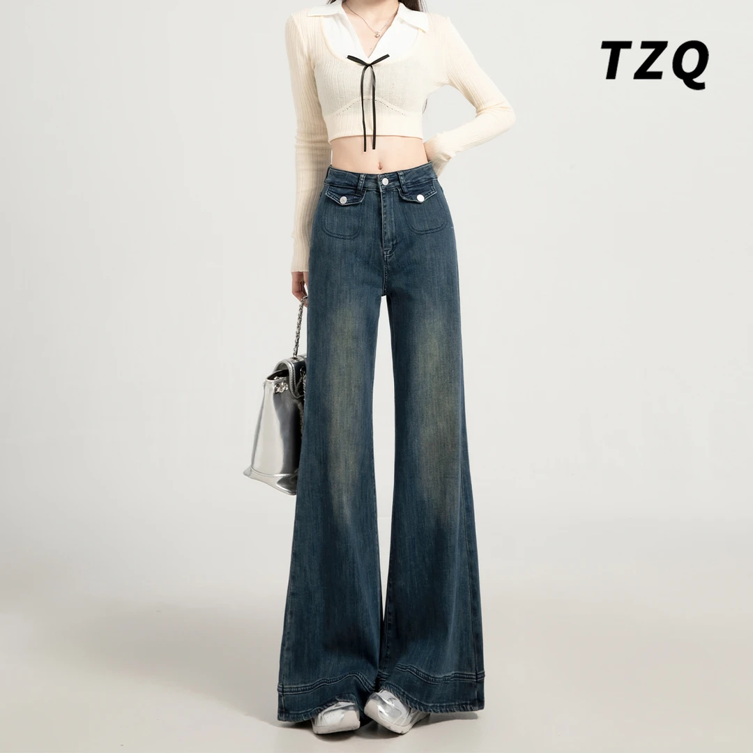 复古高腰蓝色大喇叭牛仔裤女款爆款秋季韩版修身微喇裤百搭拖地裤
