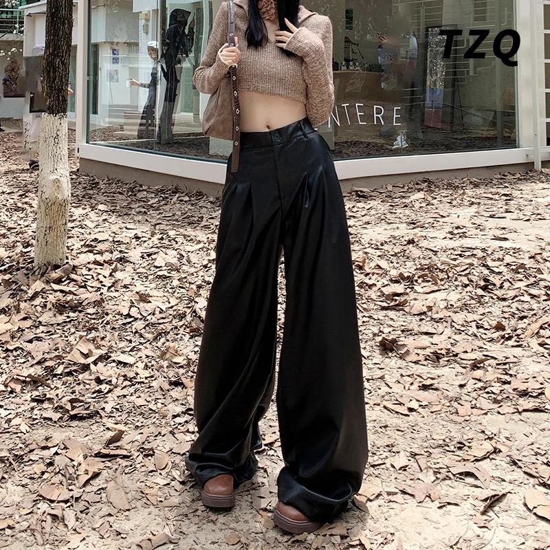 黑色皮裤女宽松阔腿高腰显瘦垂感辣妹休闲高级感阔腿裤TZQ80918