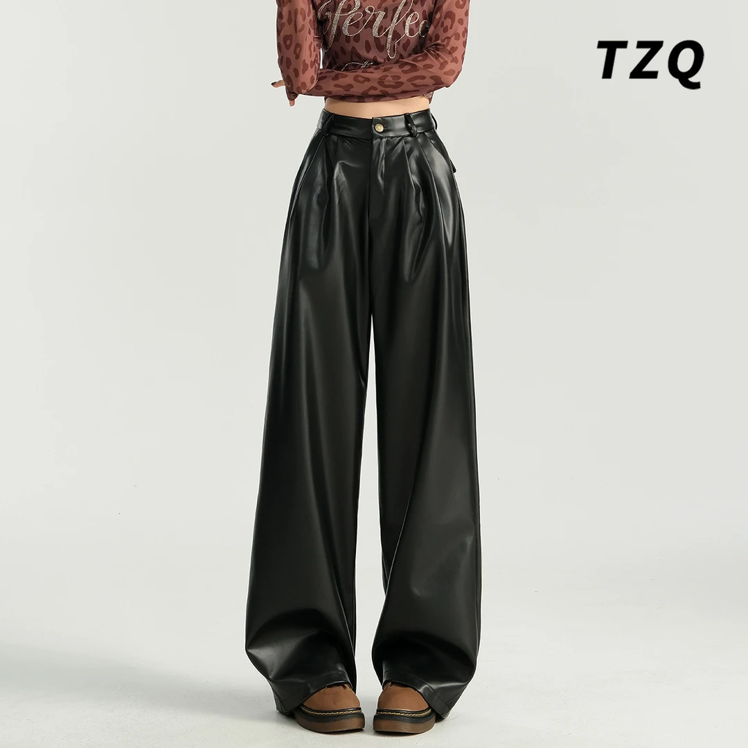 美式皮裤女宽松阔腿秋冬高腰直筒垂感辣妹PU皮拖地裤 TZQ111436