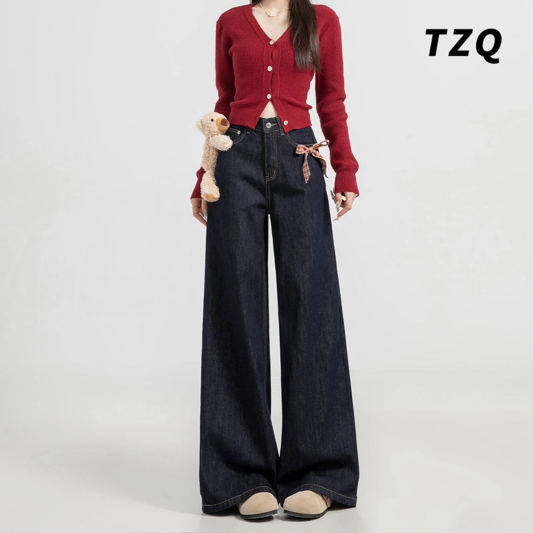韩系复古牛仔裤女秋季新款梨形身材宽松显瘦拖地阔腿裤TZQ91522