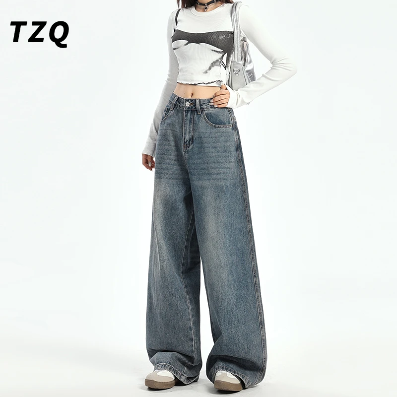 复古百搭阔腿牛仔裤女爆款2025显瘦百搭宽松直筒拖地裤子TZQ80558