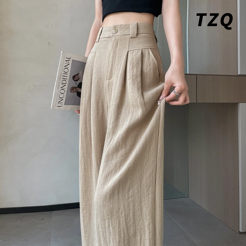 天丝亚麻休闲裤女款爆款2025新款夏季透气高腰显瘦阔腿裤TZQ71729