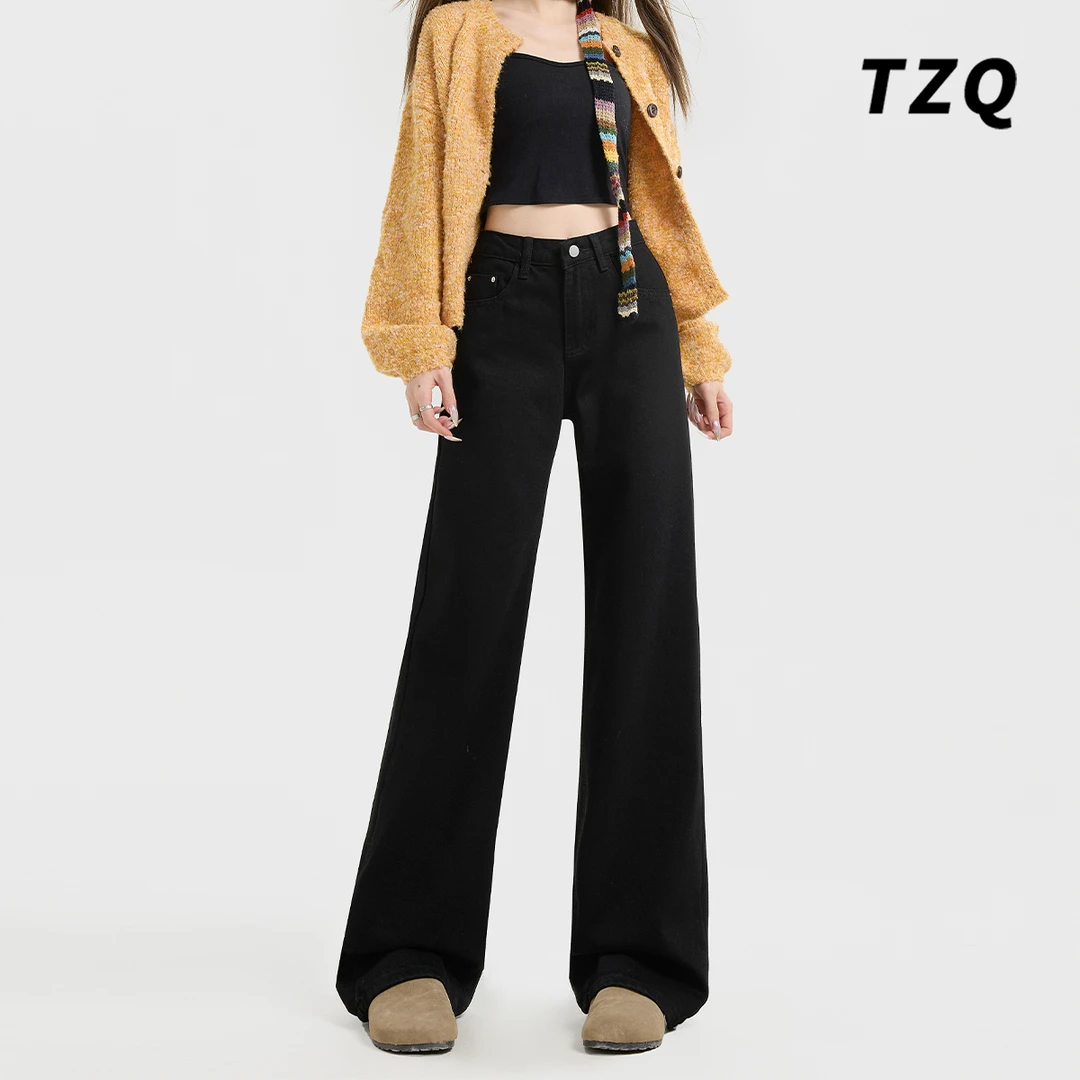 美式黑色直筒牛仔裤女2025夏新款高腰宽松窄版阔腿裤 TZQ102317