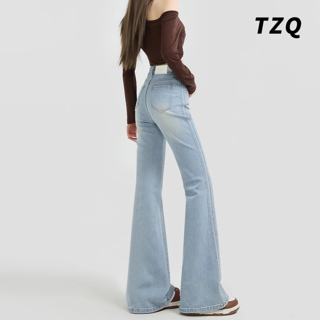 浅色复古微喇叭牛仔裤女秋季新款修身高腰马蹄喇叭裤子TZQ112409