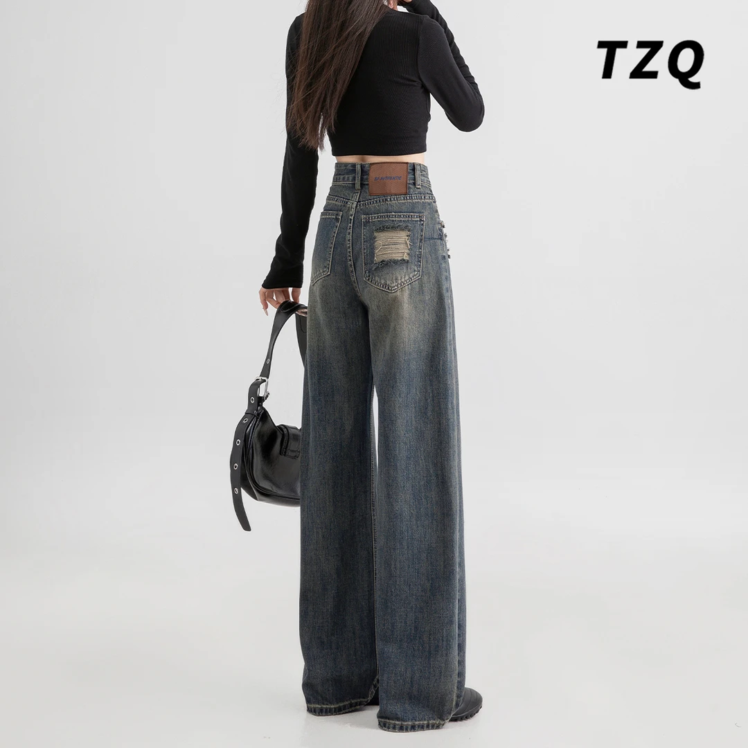 水泥灰高腰直筒阔腿裤女2025秋复古宽松垂感水洗牛仔裤TZQ80853