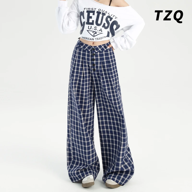 2024秋季新款甜酷高腰蓝色格子长裤女高腰百搭休闲裤TZQ80751