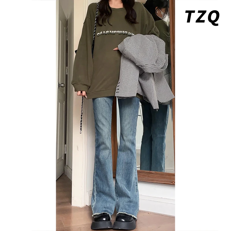 复古微喇牛仔裤女2024新款小个子毛边马蹄裤高腰显瘦喇叭裤子春秋