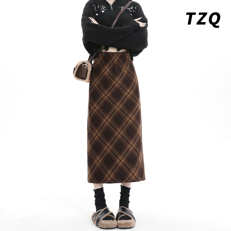 韩版格纹呢子中长款半身裙女2025秋季新款高腰显瘦长裙TZQ100958