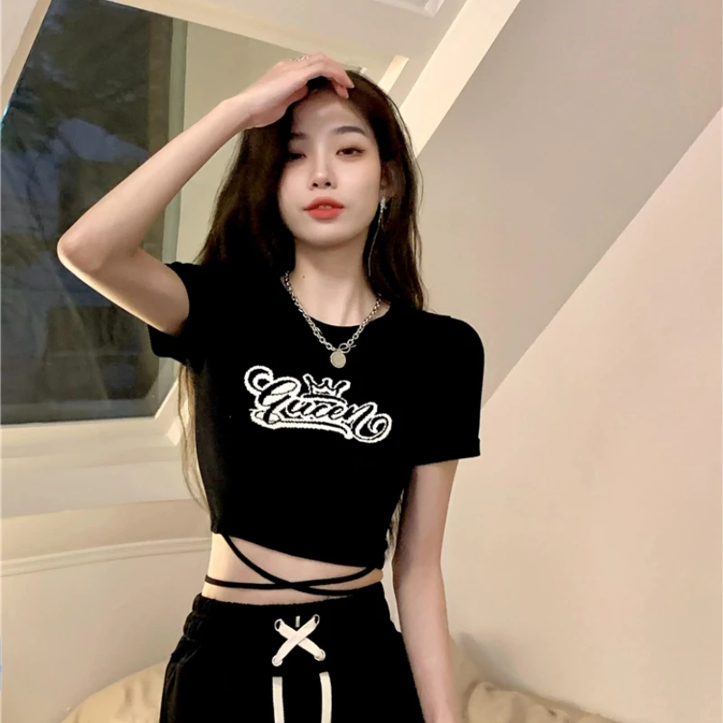 纯欲绑带短袖t恤女夏季新款印花辣妹修身显瘦小众别致短款上衣ins