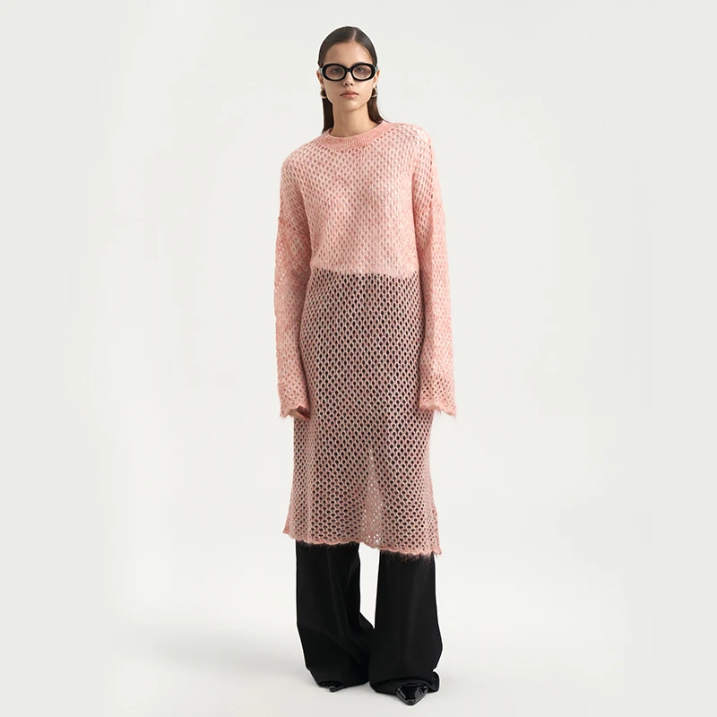 shenshen/兟甡网眼长毛衣/时尚/中长款/秋冬/设计师/圆领/女士