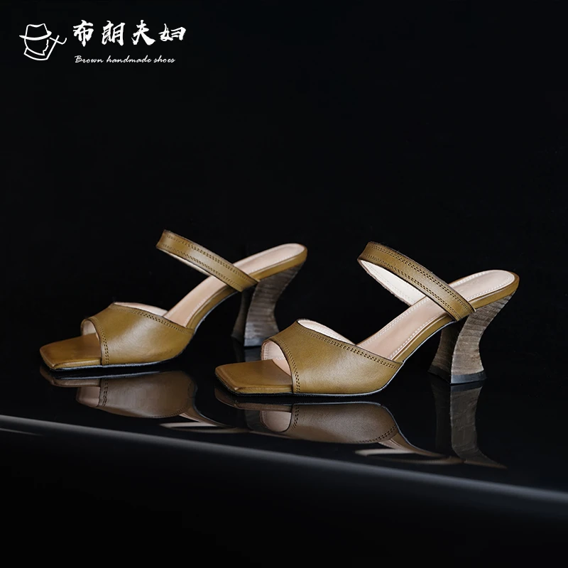 复古细带高跟凉鞋女马皮外穿拖鞋穆勒真皮手工小众百搭罗马凉鞋女