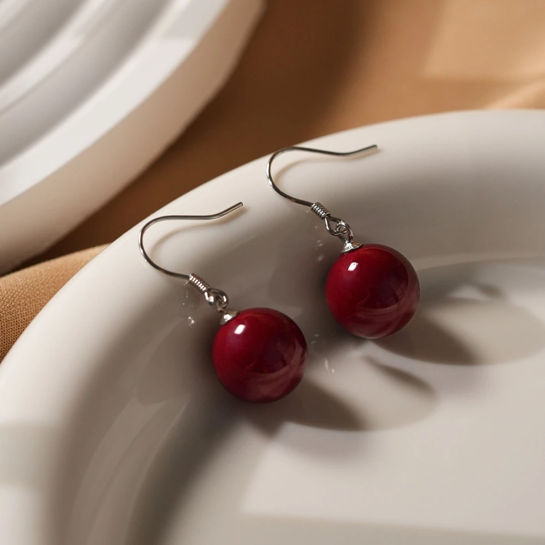 阿卡妍 925银耳饰 酒红色珠珠耳钩复古港式古风气质女ins简约耳饰
