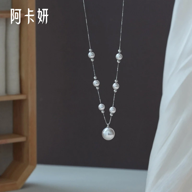 阿卡妍 吊坠925银 优雅曼塔玫瑰紫轻奢法式珠珠项链纯银锁骨链