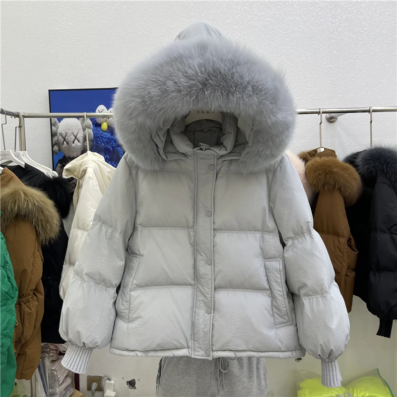 短款羽绒服女2023年冬季新款韩版宽松大毛领针织袖小个子加厚外套