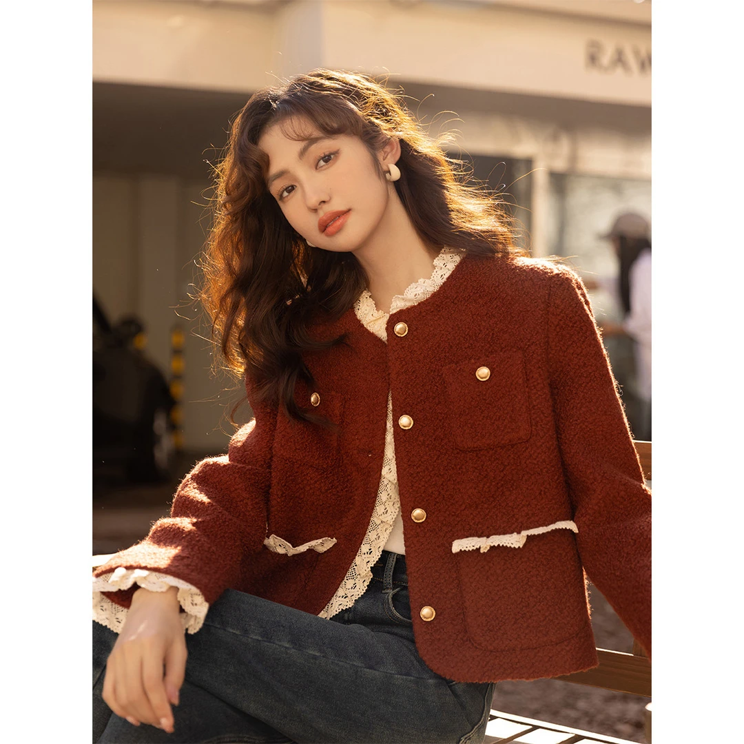 谜秀｜毛呢外套女冬季韩版蕾丝拼接加厚保暖大衣