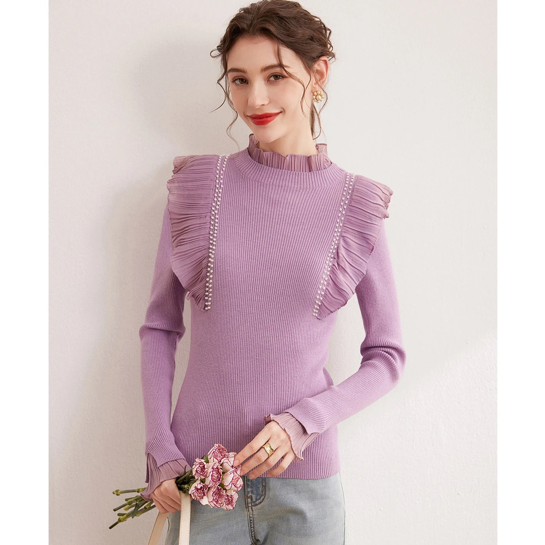 白鹿语｜【高领拼接花边】秋冬款时尚优雅微弹钉珠修身长袖女式