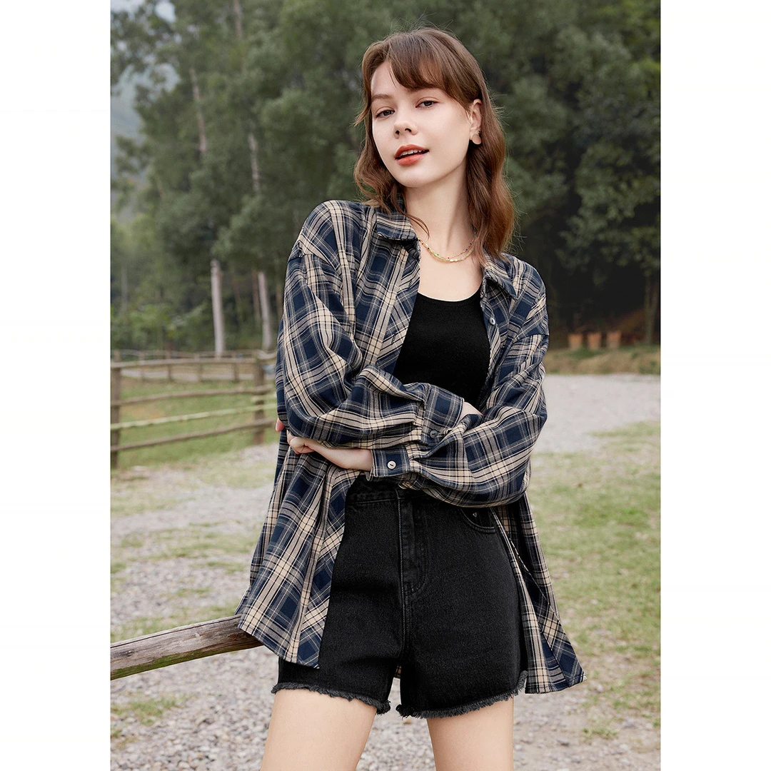 百图｜【格纹衬衫】时髦翻领不易皱面料宽松复古开衫衬衫女