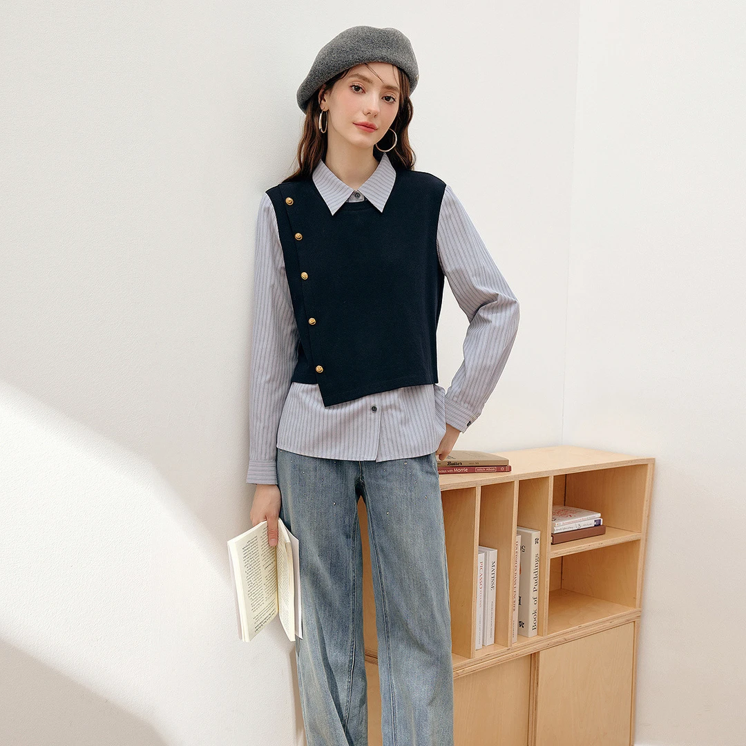 KBNE｜春秋款时尚假两件衬衫女装高级感条纹拼接上衣