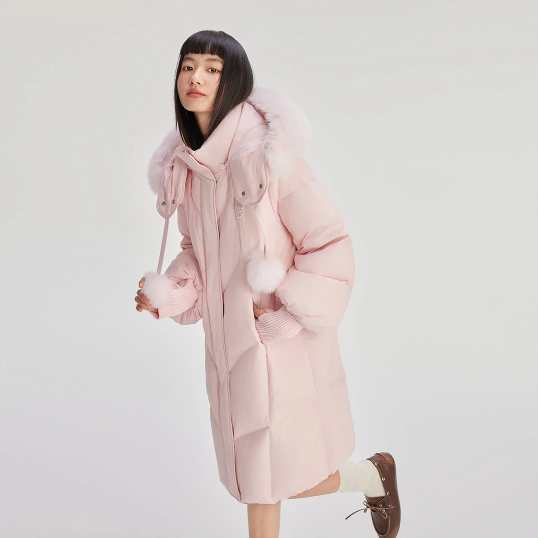 艾莱依｜【甜美系列】御寒狐狸毛领羽绒服女长款加厚鸭绒服外套女