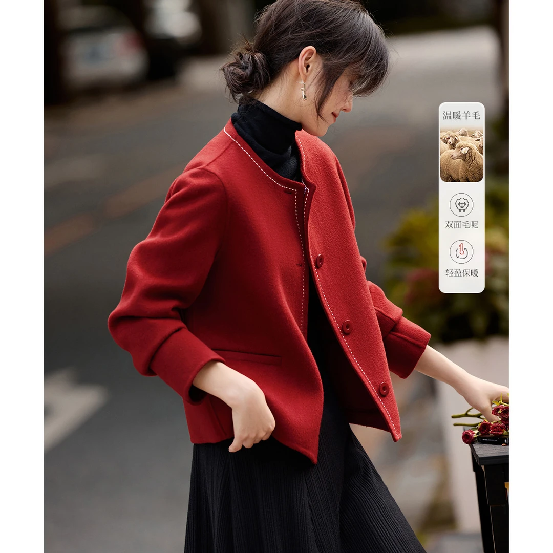 XWI｜新春新年新款韩版西装小圆领短款刺绣手工双面呢大衣