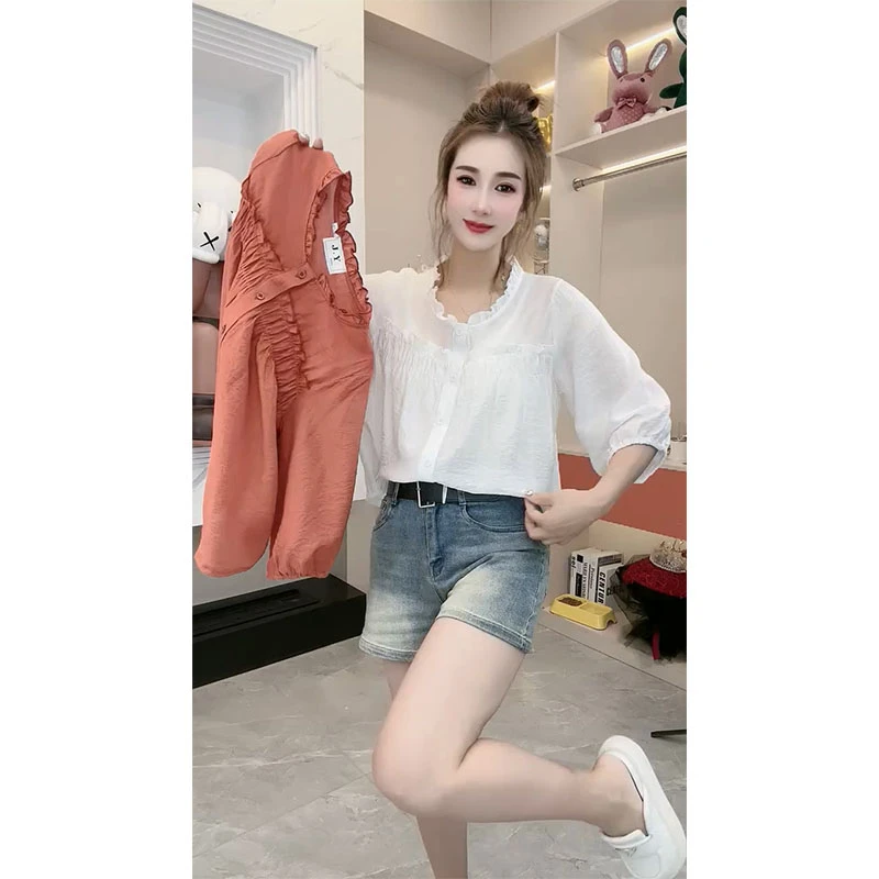 韩版设计感纯色木耳边中袖衬衫夏季新款薄款洋气减龄休闲百搭上衣