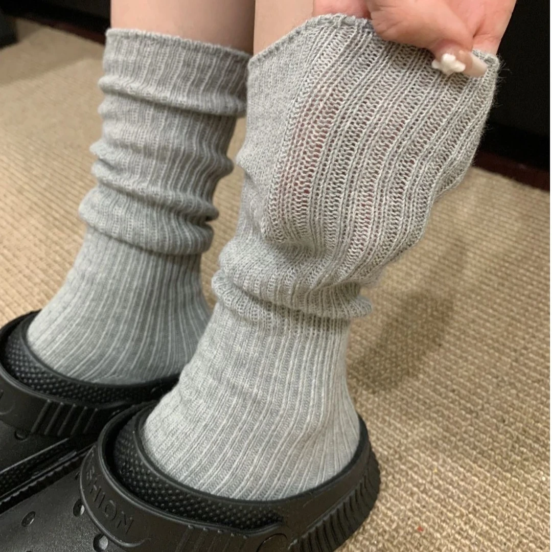 袜子女纯色针织长筒堆堆袜森系ins黑白灰慵懒风外穿百搭夏季长袜