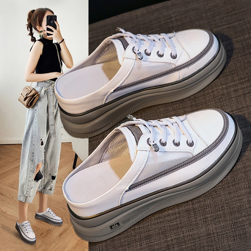 一脚蹬内增高半拖鞋女时尚外穿凉拖2024休闲新款厚底懒人透气拖鞋