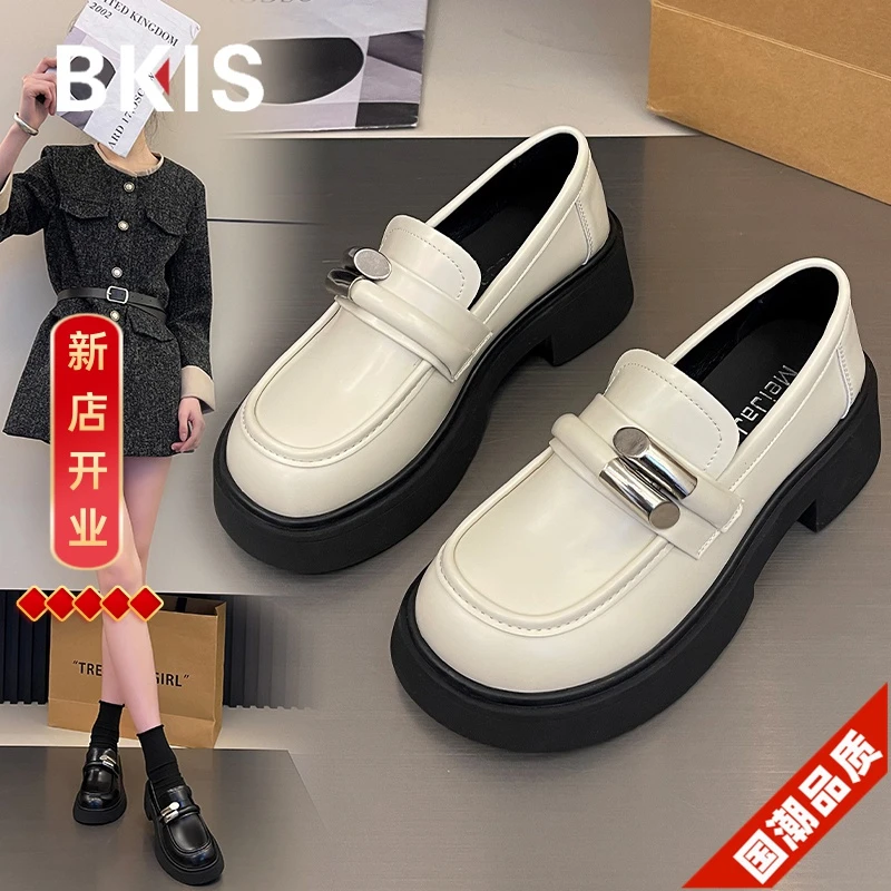 韩版圆头英伦风百搭厚底小皮鞋女2023新款冬季法式复古粗跟乐福鞋