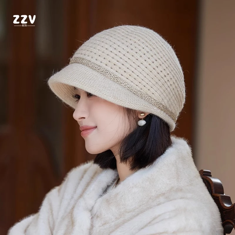 法式气质短檐贝雷帽子女秋冬季双层毛线帽保暖护耳百搭青年包头帽