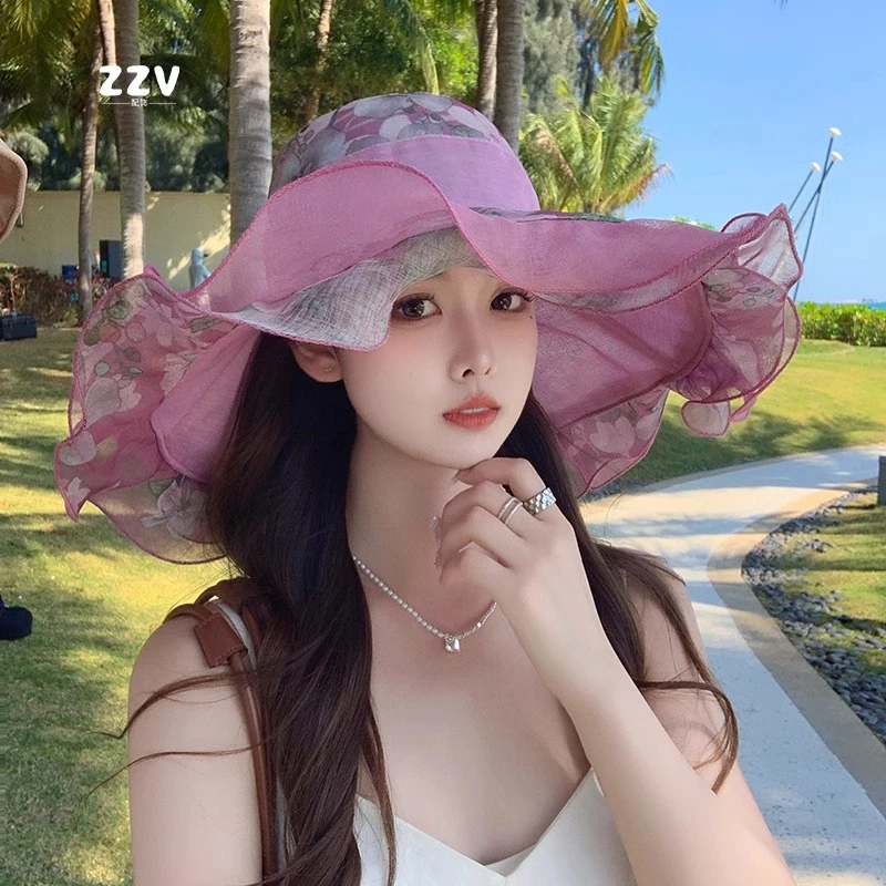 太阳帽子女夏可折叠遮阳防晒帽大檐紫外线户外出游碎花朵沙滩帽