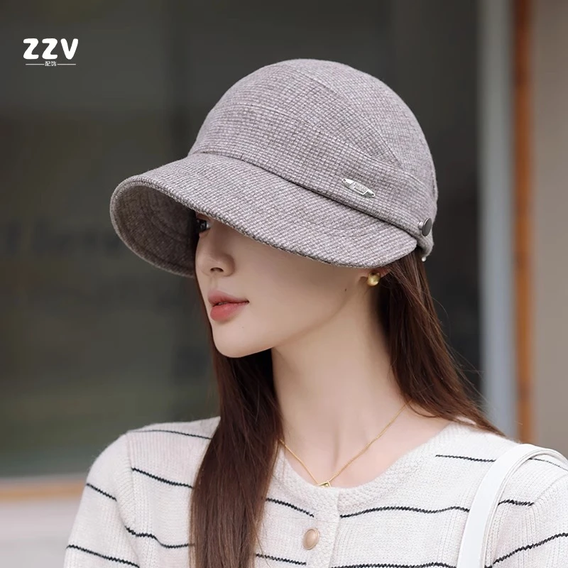 鸭舌帽子女秋冬韩版潮休闲百搭英伦格子渔夫帽显脸小大头围素颜帽