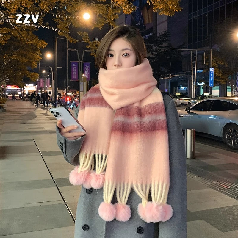 2025新款高级拼色马海毛围巾女秋冬季加厚保暖百搭兔毛球球围脖潮