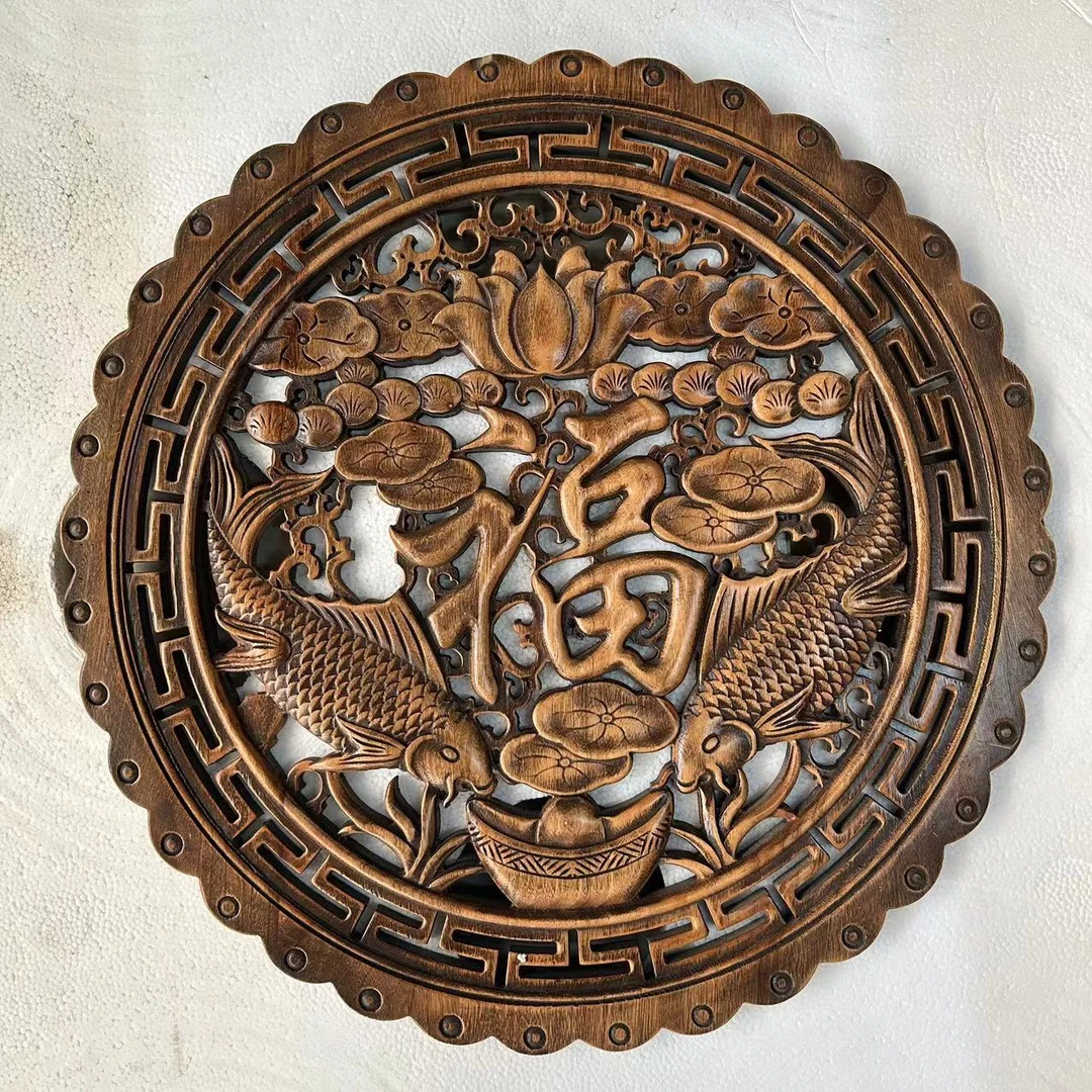 东阳木雕挂件圆形香樟木雕刻客厅工艺品壁挂新中式实木玄关装饰画