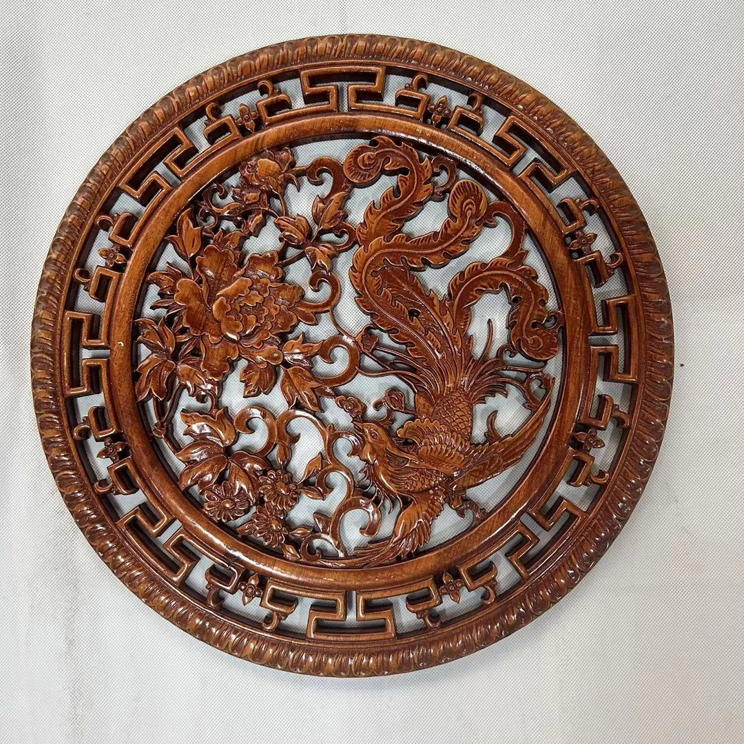 东阳木雕挂件圆形香樟木雕刻客厅凤凰壁挂新中式实木玄关装饰画