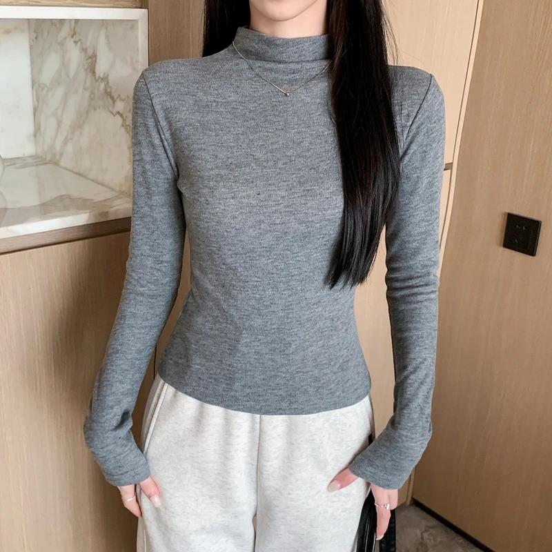 1060-秋冬加绒半高领打底衫女士长袖T恤修身显瘦上衣百搭纯色外穿