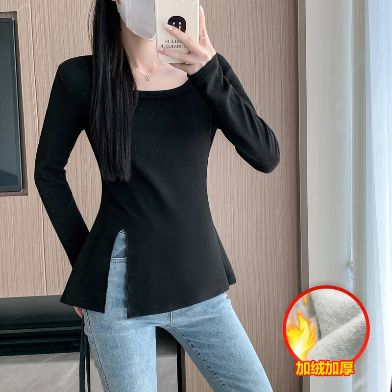 1058- 加绒加厚t恤女方领长袖开叉秋冬2024宽松内搭设计感打底衫