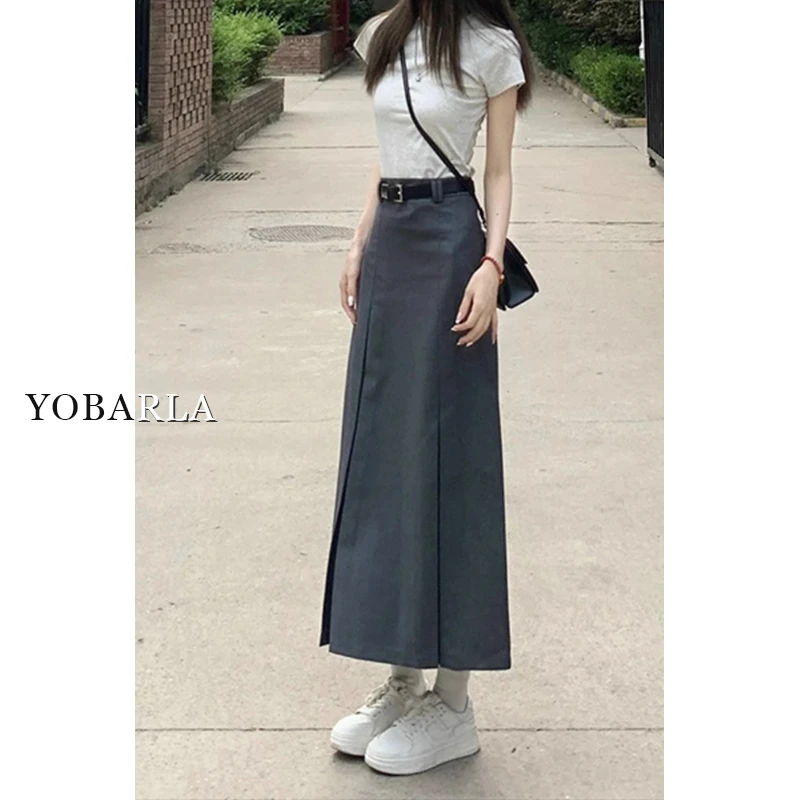 灰色高腰西装百褶裙女秋冬大码胖mm遮胯显瘦梨形身材a字中长款裙