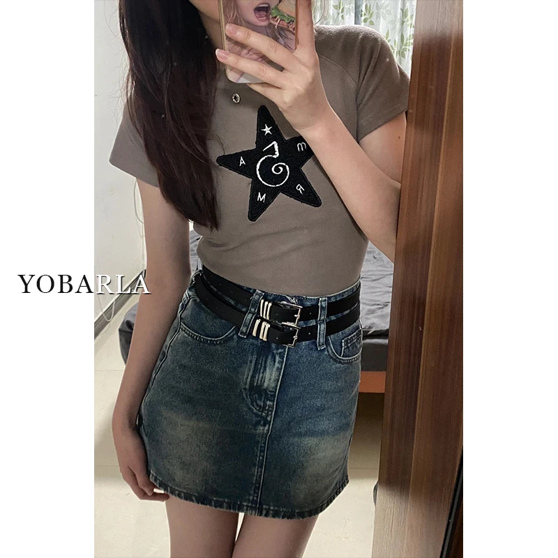 YOBARLA高腰牛仔半身裙女夏季大码遮肚子显瘦梨形身材a字包臀短裙