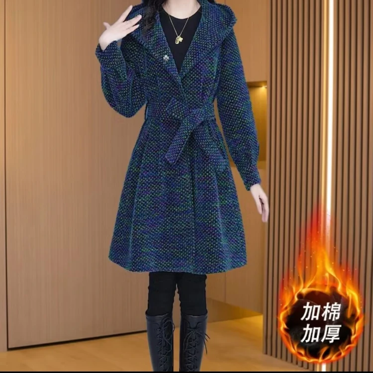 春秋时尚毛呢女士外套保暖气质减龄连帽风衣中长款显瘦