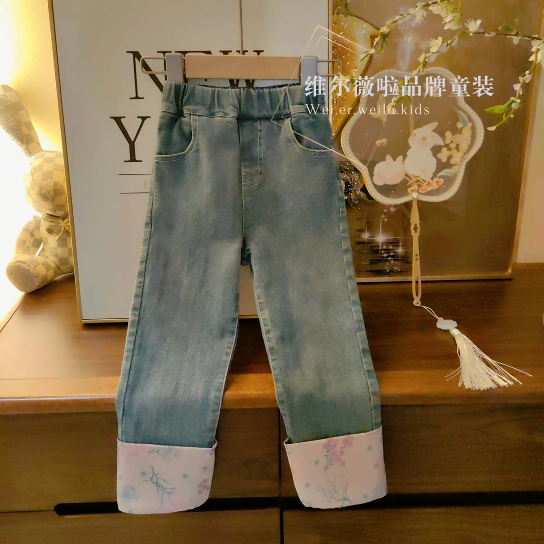 <紫梅>原创设计师秋冬女童中式风唐装直筒牛仔裤儿童柔软裤子B518