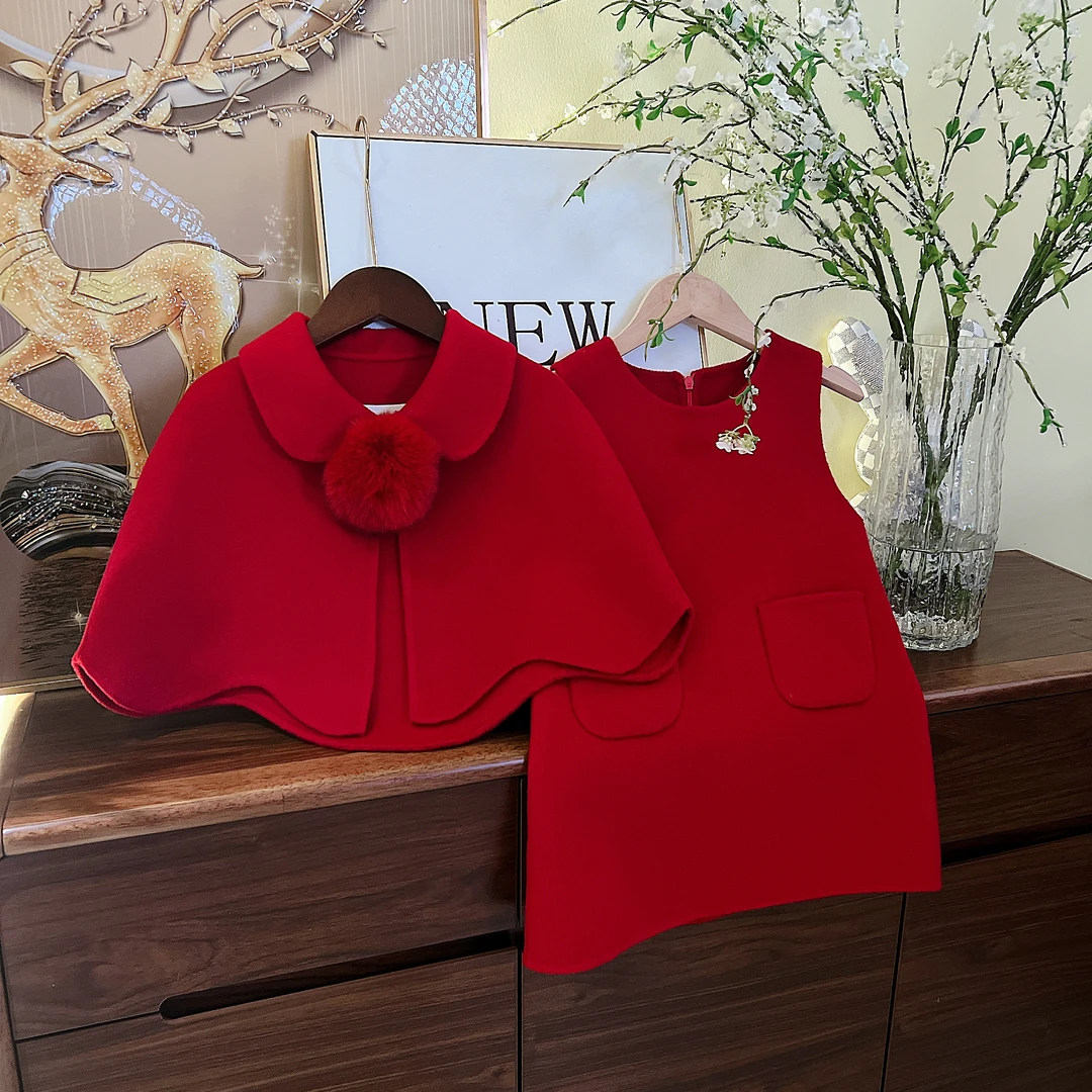 <国色>【100%全羊毛+狐狸毛、纯手工，双面呢】秋冬女童新款披肩套装