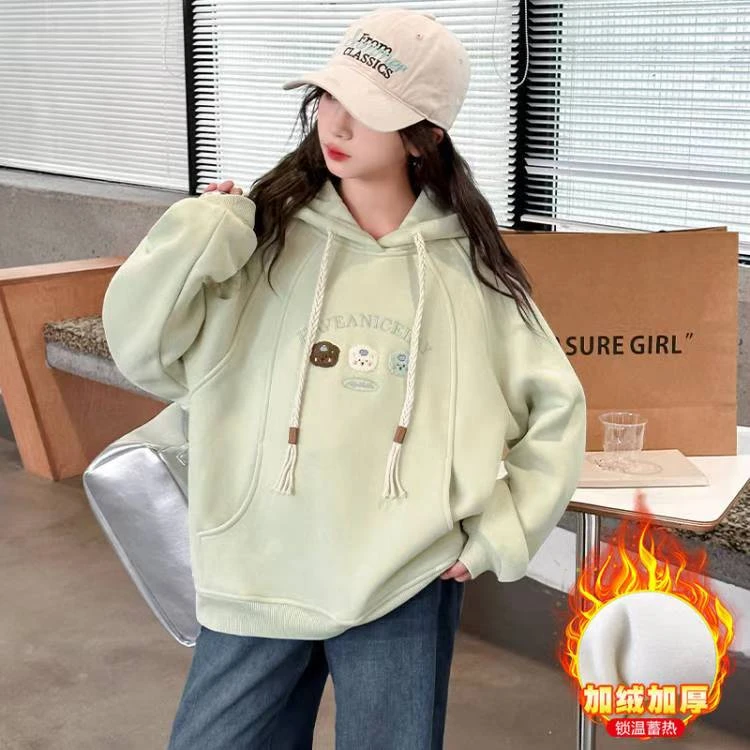 女童秋冬加绒卡通卫衣小清新中大童毛巾绣加厚2024新款连帽上衣潮