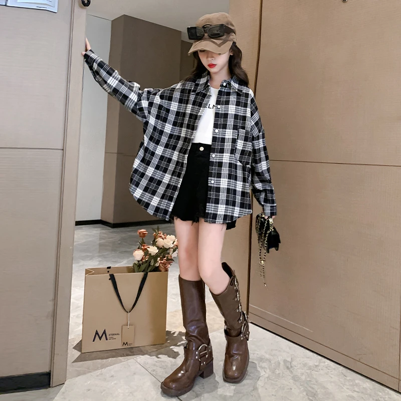 女童经典格子衬衫2023新款中大儿童春秋开衫长袖衬衣韩版休闲外套