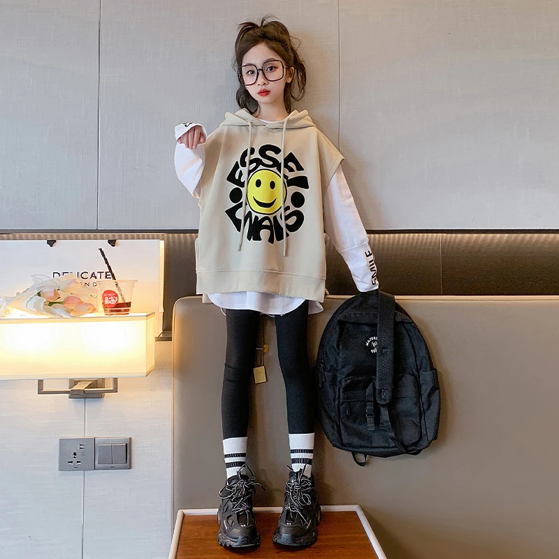 女童春装套装洋气时髦2024新款中大儿童打底衫无袖卫衣马甲两件套