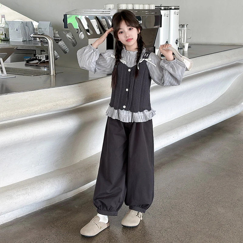 女童韩系针织马甲套装中大童春秋甜美洋气2024新款时髦衬衫两件套