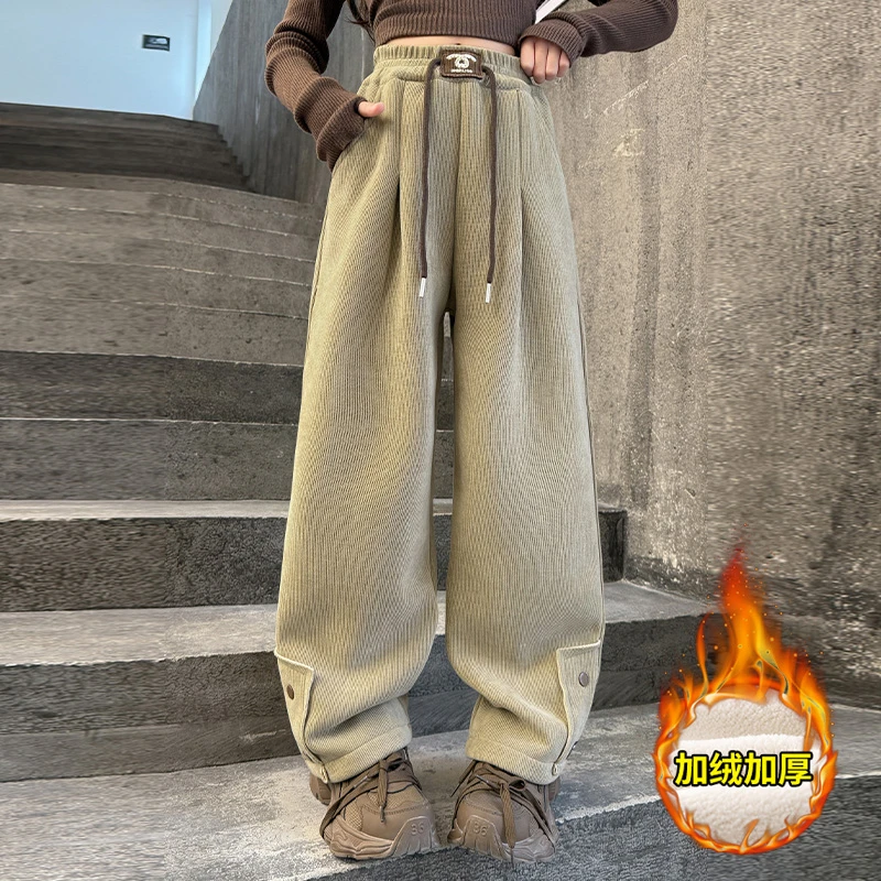 女童条绒直筒裤冬季加绒保暖裤2024新款中大童时尚加厚休闲阔腿裤