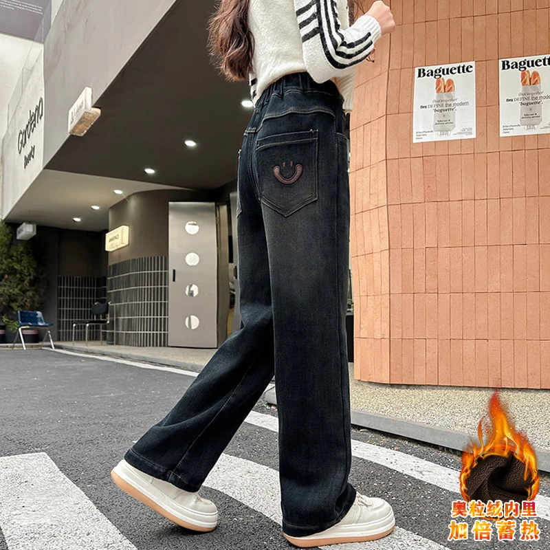 女童牛仔裤秋冬季加绒加厚直筒裤2024新款洋气中大儿童牛仔阔腿裤